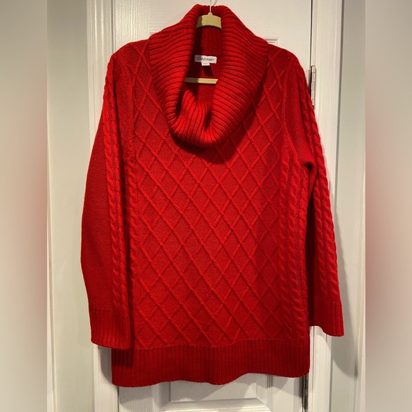 Calvin Klein Size L Red Lattice Long Sleeve Cowl Neck Pullover Tunic Sweater - Picture 1 of 11